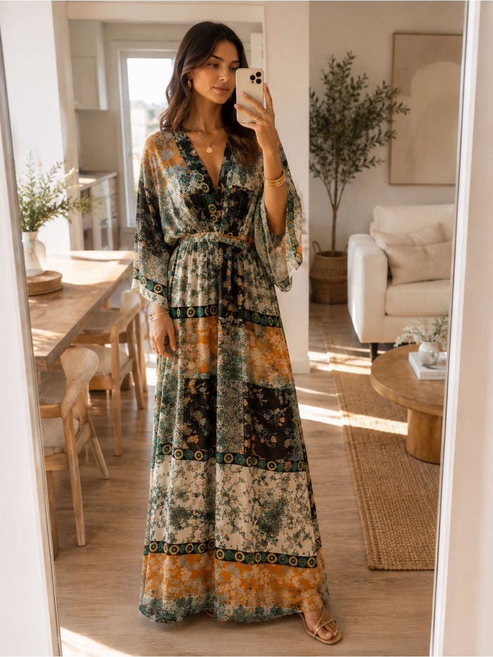 Bohemian Patchwork Maxi Dress in Green & Orange